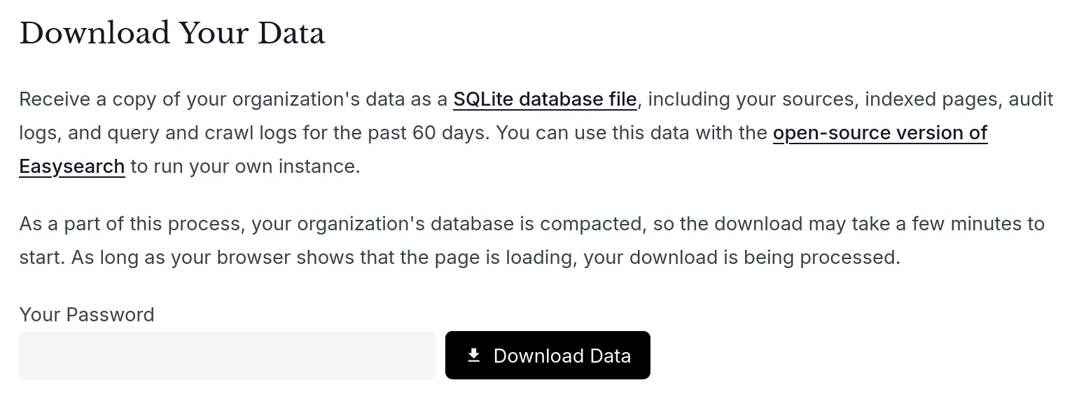 The "Download Your Data" section of the Easysearch dashboard